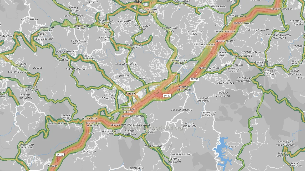 Cayey Municipio, PR Map of Noise Levels in Cayey Municipio