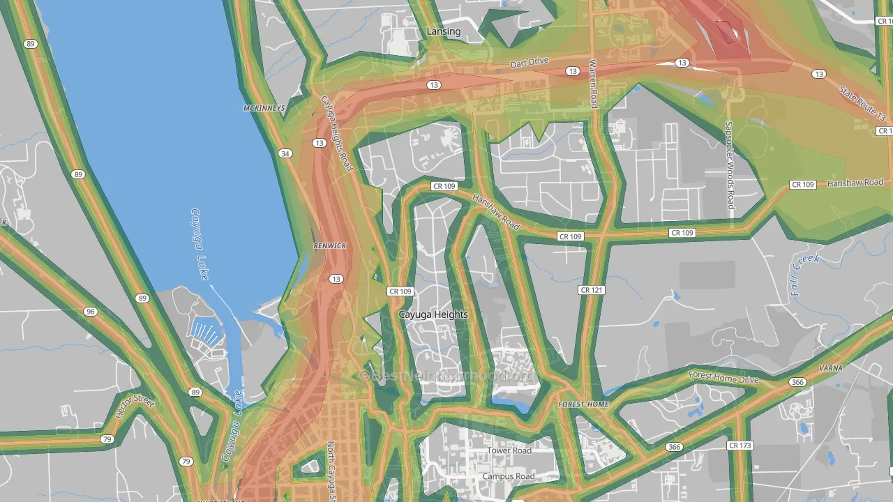 Cayuga Heights, NY Map of Noise Levels in Cayuga Heights