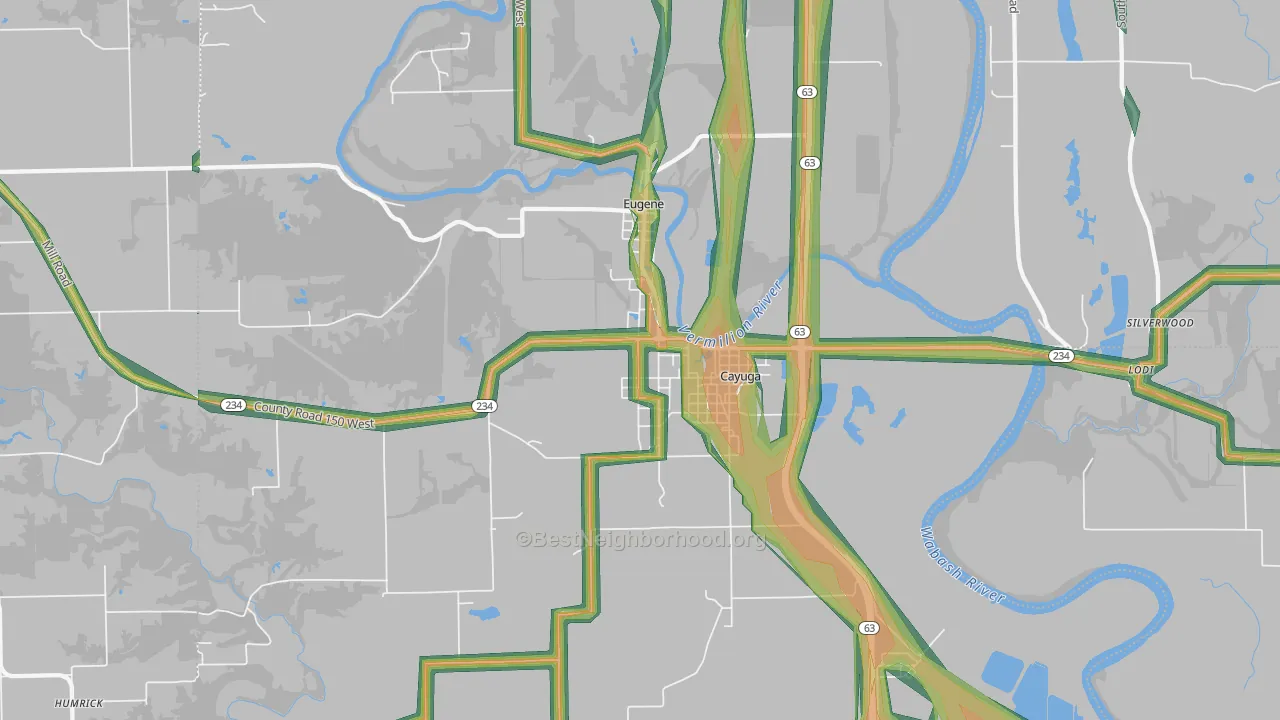 Cayuga, IN Map of Noise Levels in Cayuga