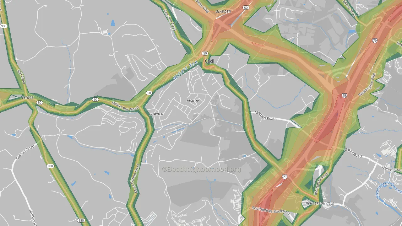 Cecil-Bishop, PA Map of Noise Levels in Cecil-Bishop