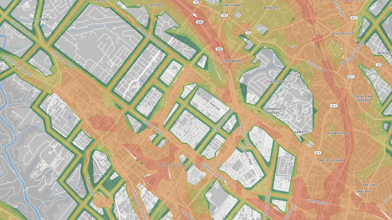 Cedar Brook, Philadelphia, PA Map of Noise Levels in Cedar Brook