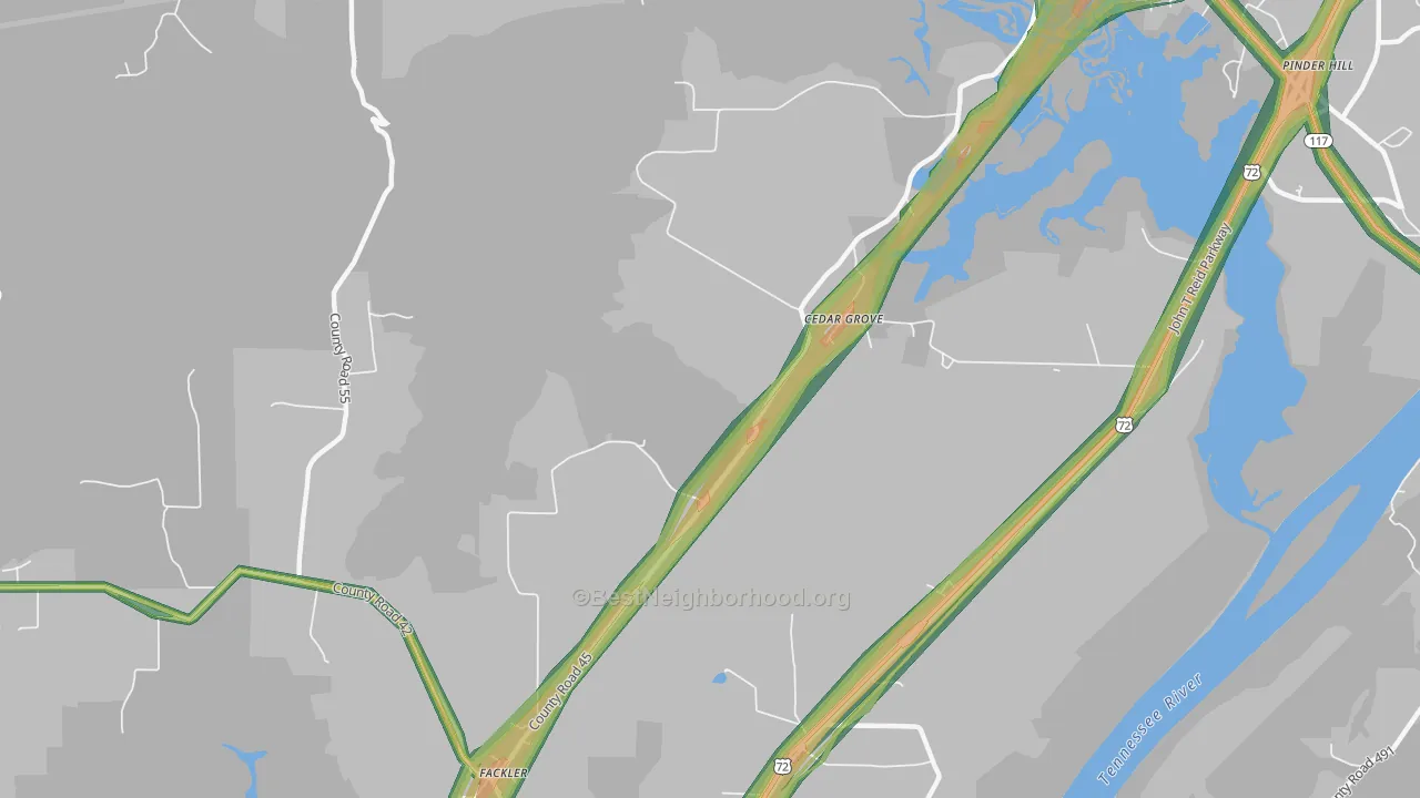 Cedar Grove, AL Map of Noise Levels in Cedar Grove