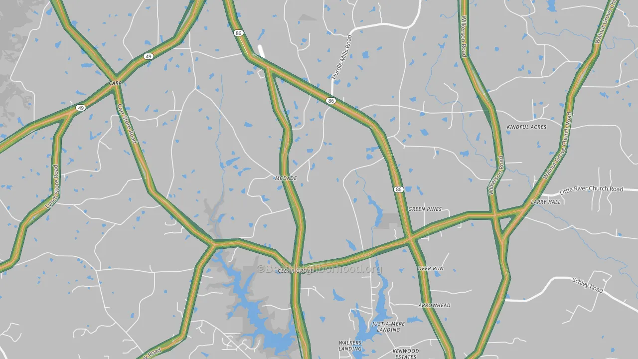 Cedar Grove, NC Map of Noise Levels in Cedar Grove