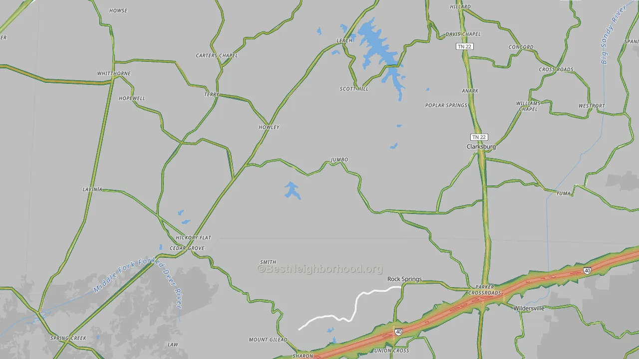 Cedar Grove, TN Map of Noise Levels in Cedar Grove