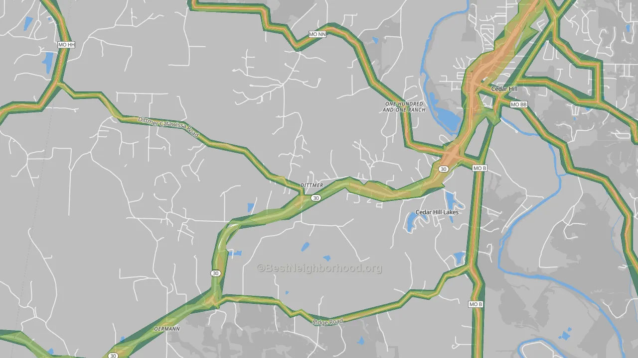 Cedar Hill Lakes, MO Map of Noise Levels in Cedar Hill Lakes