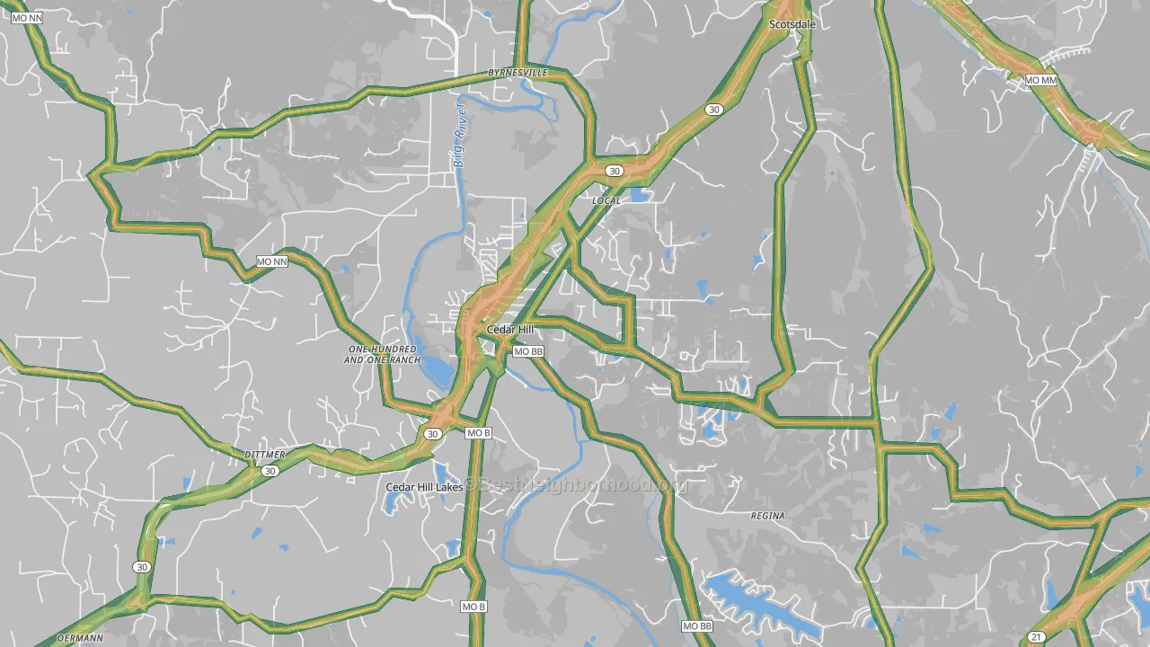 Cedar Hill, MO Map of Noise Levels in Cedar Hill