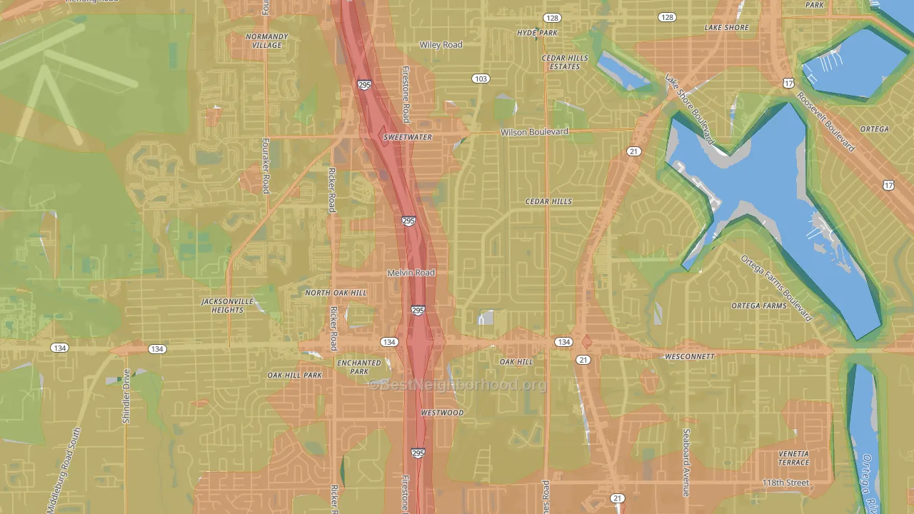 Cedar Hills, Jacksonville, FL Map of Noise Levels in Cedar Hills