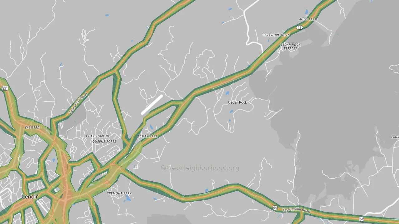 Cedar Rock, NC Map of Noise Levels in Cedar Rock