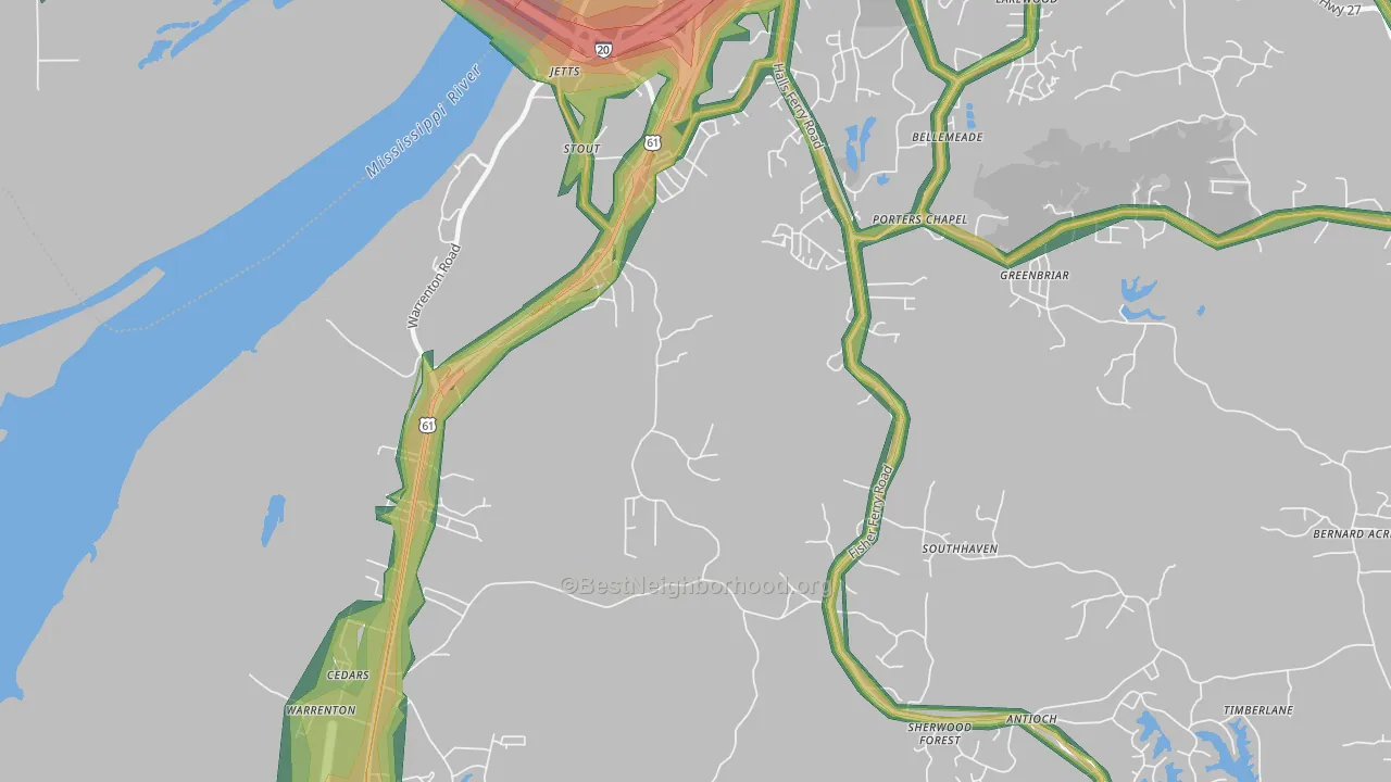Cedars, MS Map of Noise Levels in Cedars