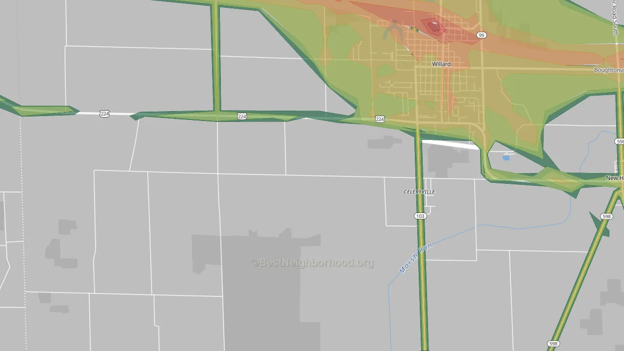 Celeryville, OH Map of Noise Levels in Celeryville