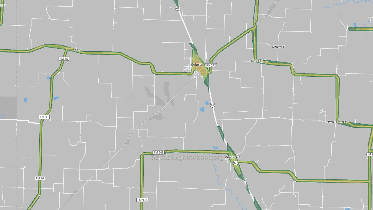 Celeste, TX Map of Noise Levels in Celeste