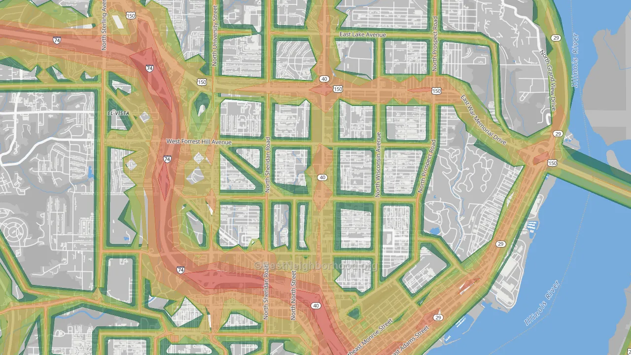 Center Bluff, Peoria, IL Map of Noise Levels in Center Bluff