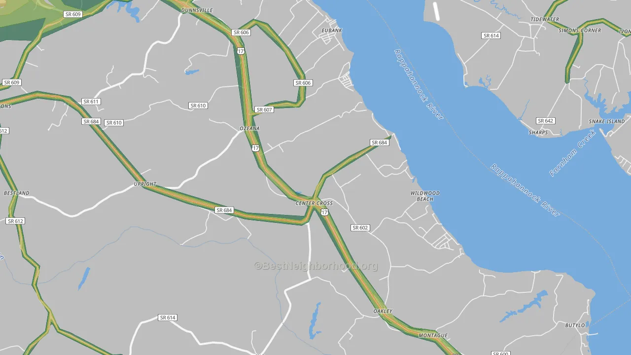 Center Cross, VA Map of Noise Levels in Center Cross