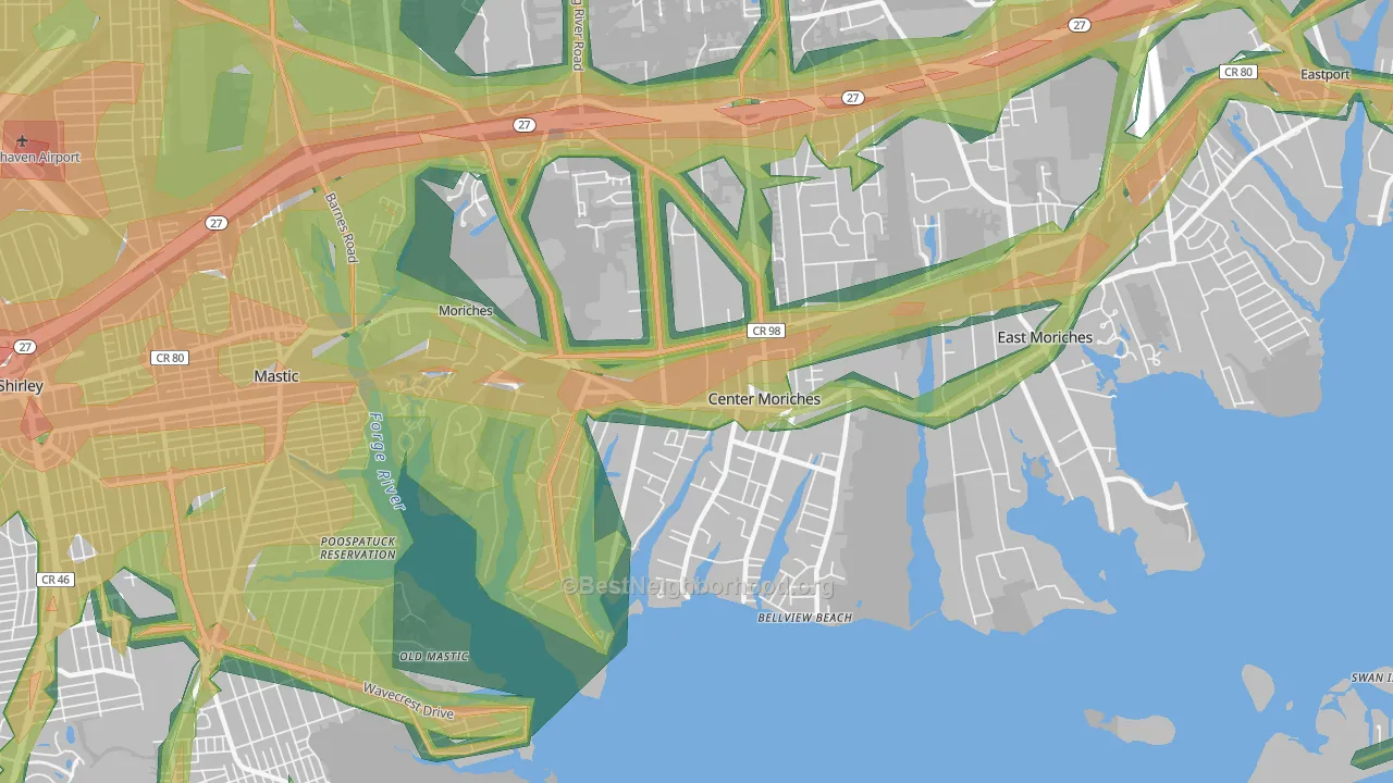 Center Moriches, NY Map of Noise Levels in Center Moriches