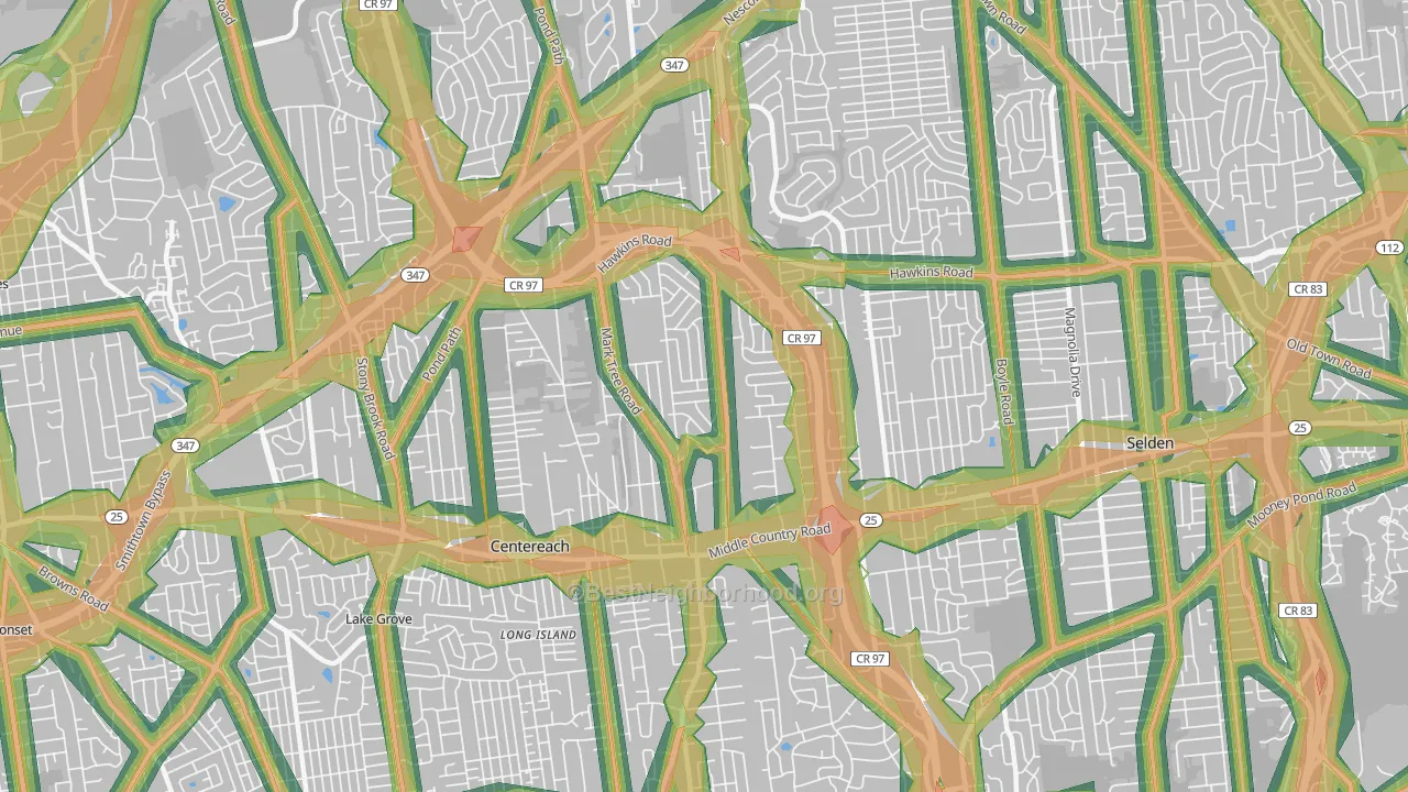 Centereach, NY Map of Noise Levels in Centereach