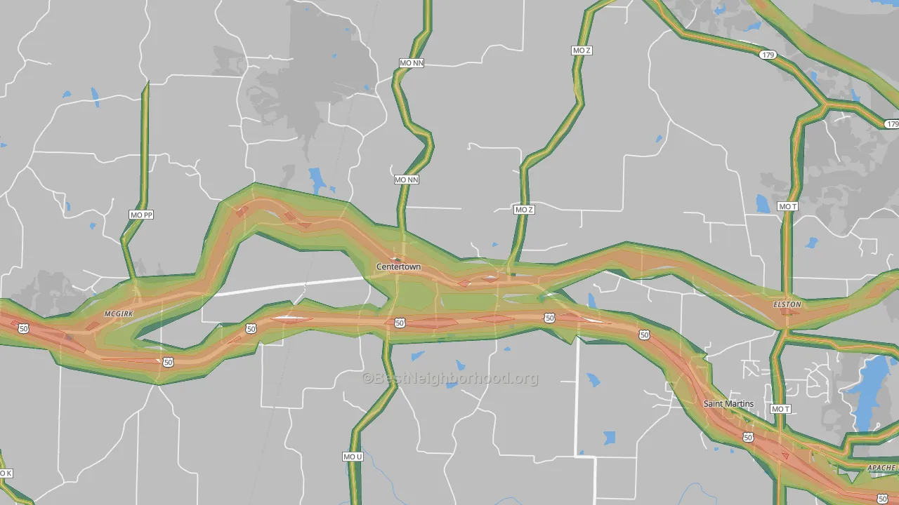 Centertown, MO Map of Noise Levels in Centertown