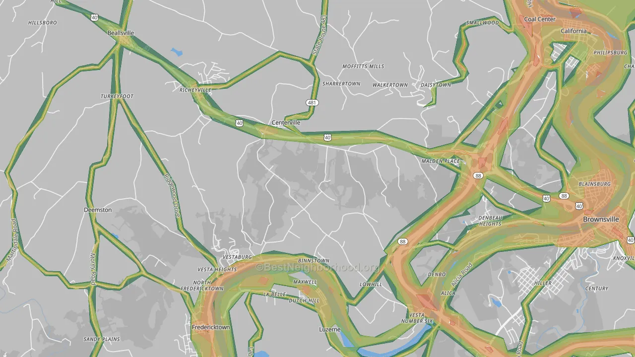 Centerville, Brownsville, PA Map of Noise Levels in Centerville
