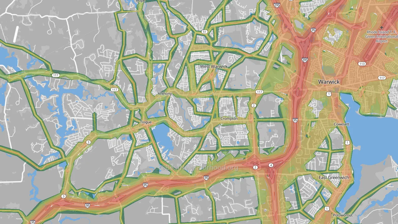 Centerville, West Warwick, RI Map of Noise Levels in Centerville