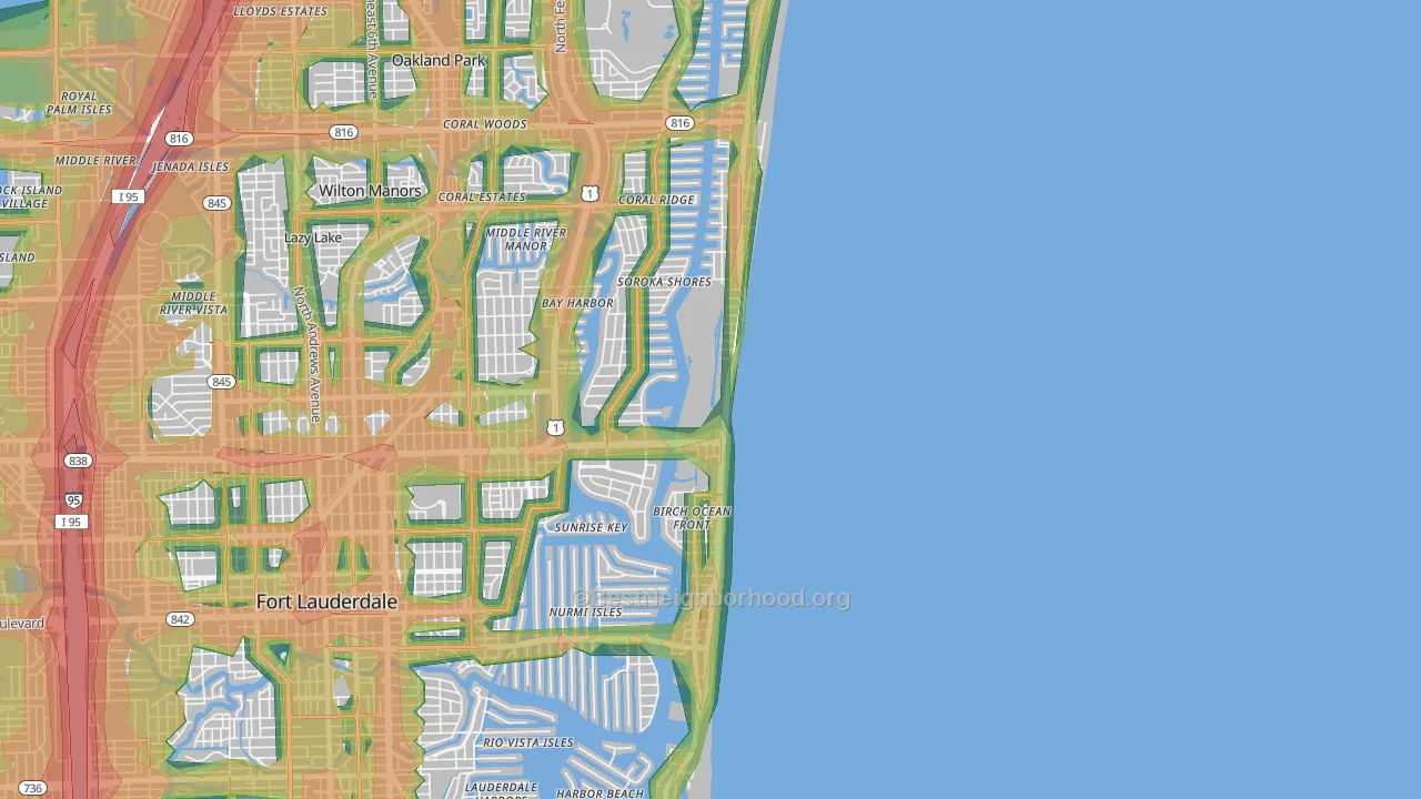 Central Beach, Fort Lauderdale, FL Map of Noise Levels in Central Beach