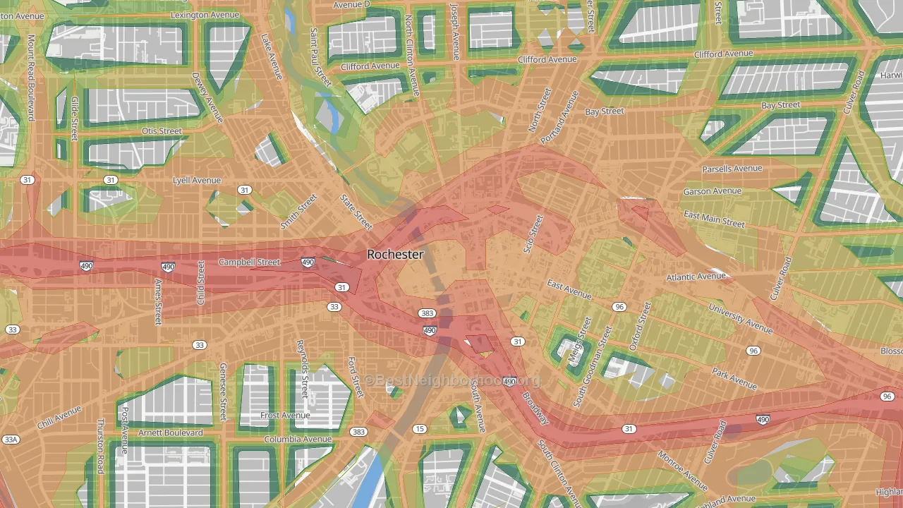 Central Business District-Rochester, Rochester, NY Map of Noise Levels in Central Business District-Rochester