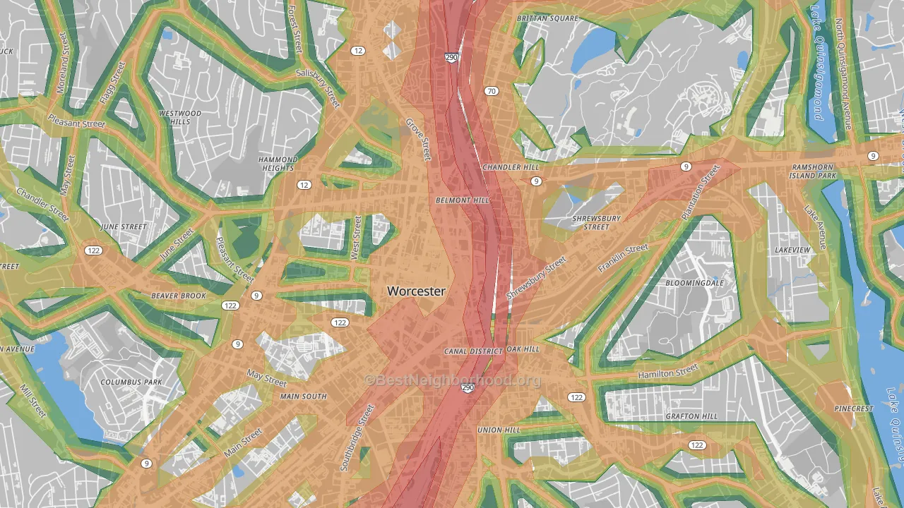 Central Business District, Worcester, MA Map of Noise Levels in Central Business District