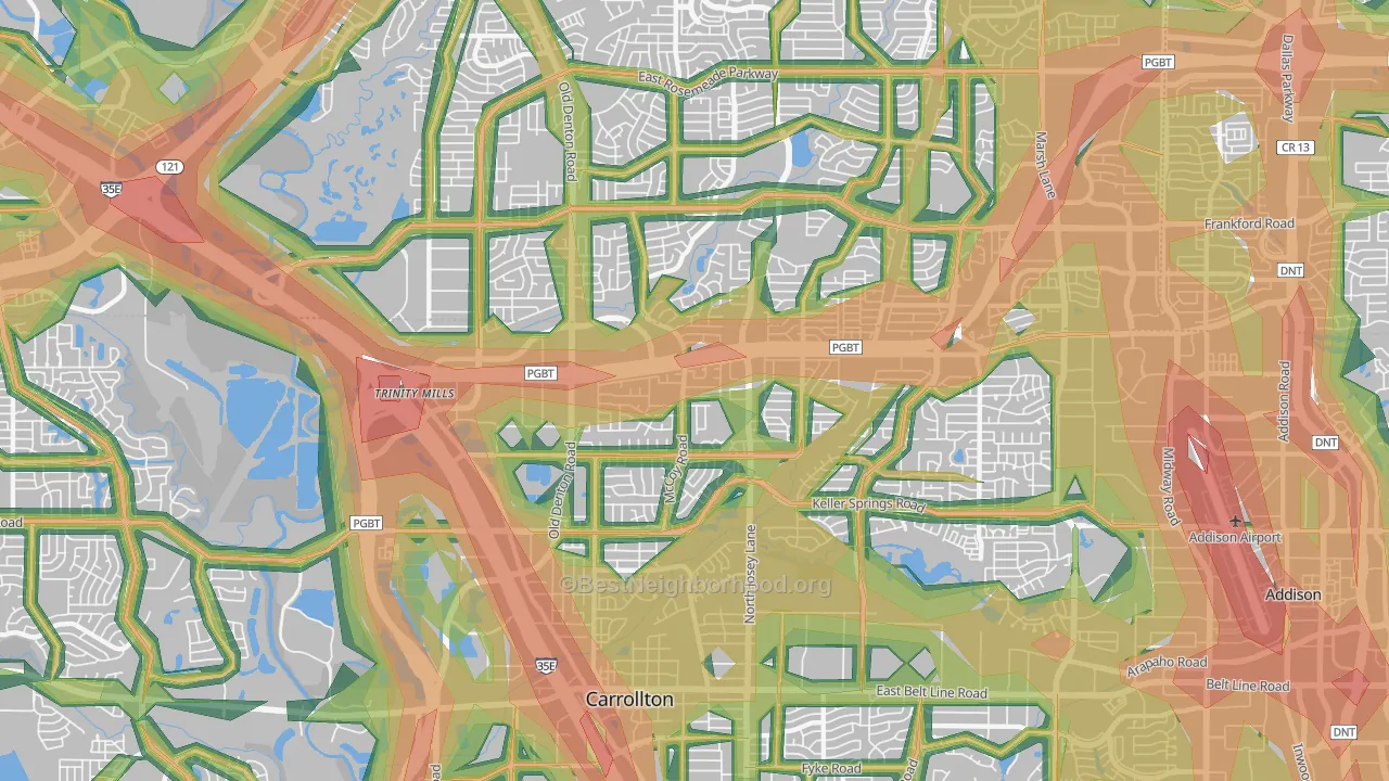 Central Carrollton, Carrollton, TX Map of Noise Levels in Central Carrollton