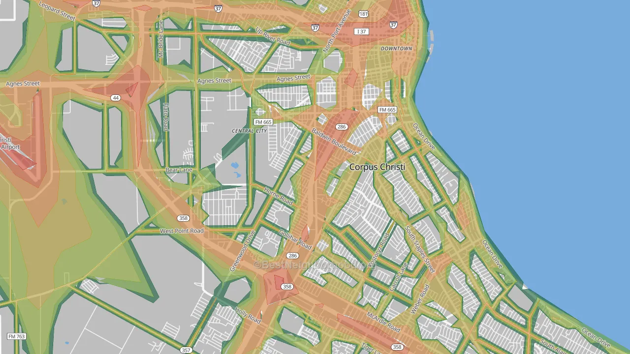 Central City, Corpus Christi, TX Map of Noise Levels in Central City