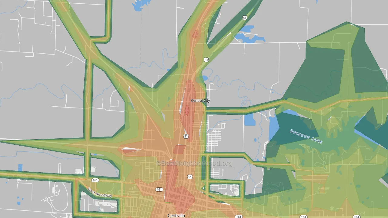 Central City, IL Map of Noise Levels in Central City