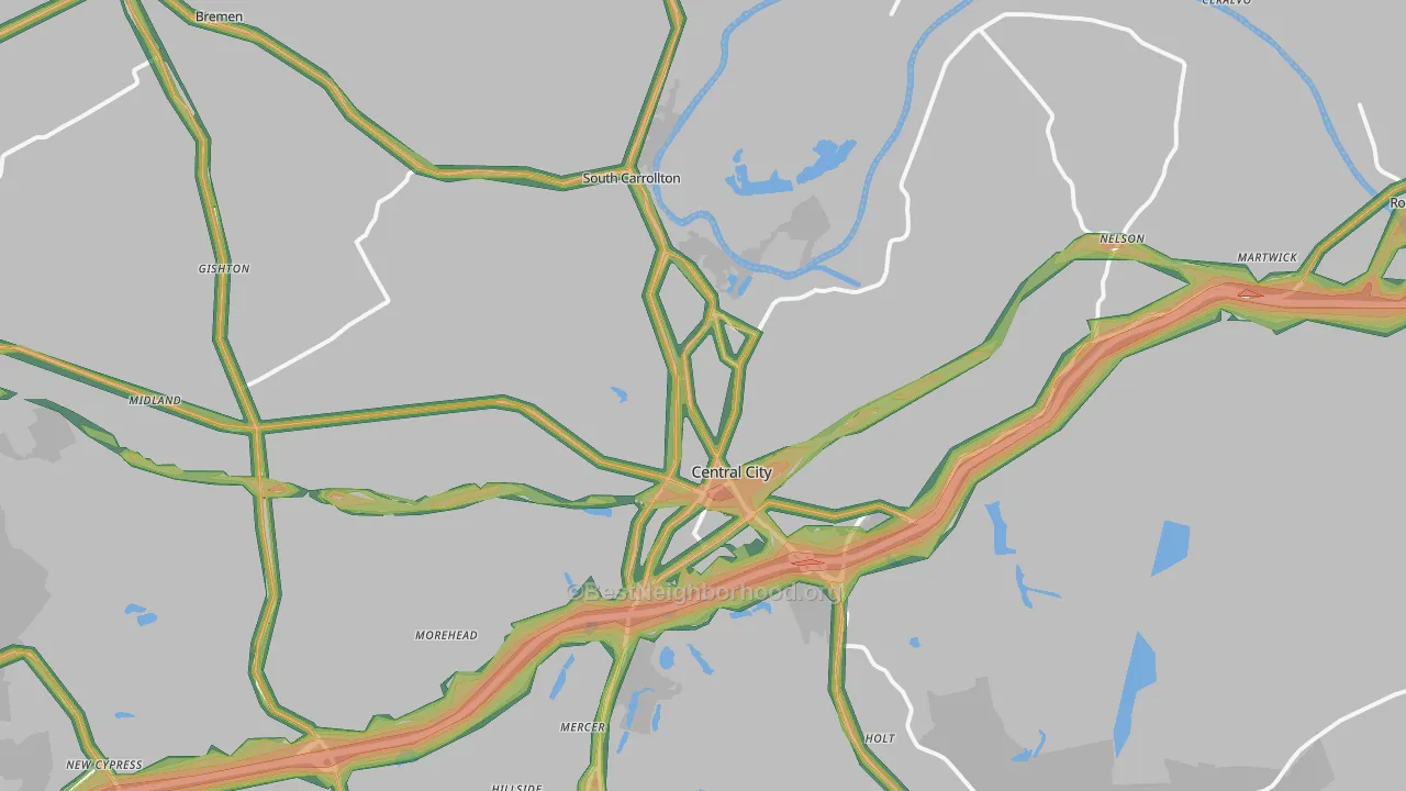 Central City, KY Map of Noise Levels in Central City