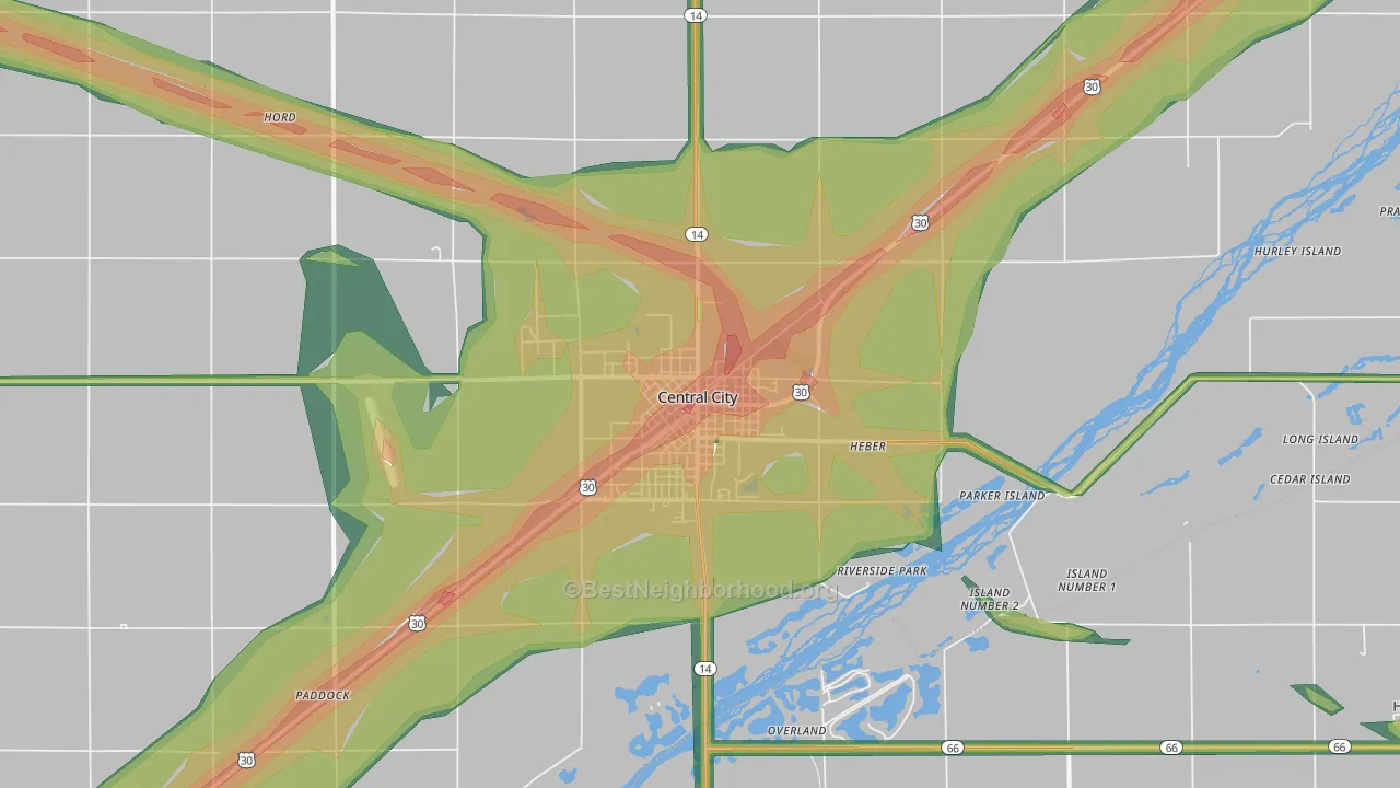 Central City, NE Map of Noise Levels in Central City