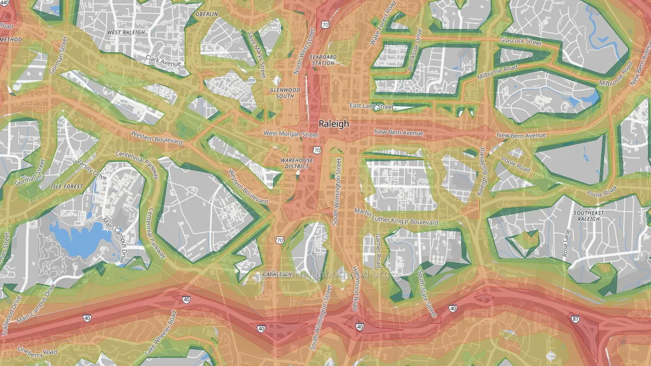 Central, Raleigh, NC Map of Noise Levels in Central