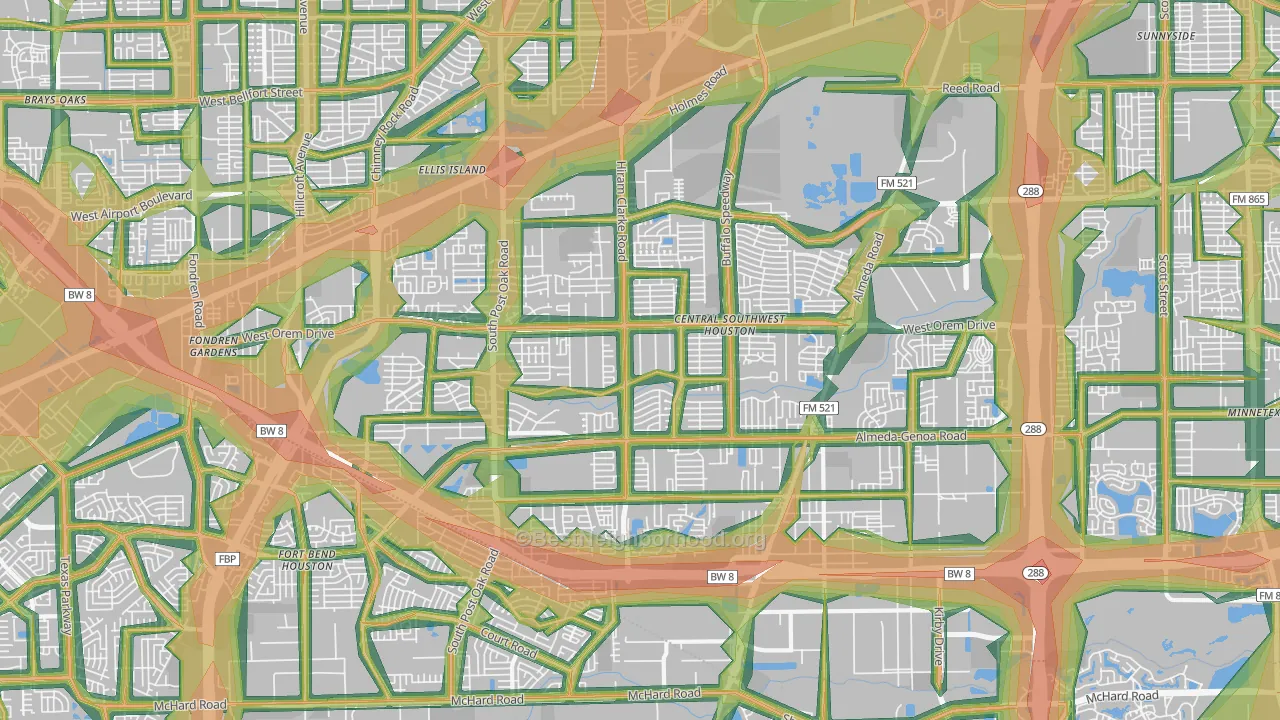 Central Southwest, Houston, TX Map of Noise Levels in Central Southwest