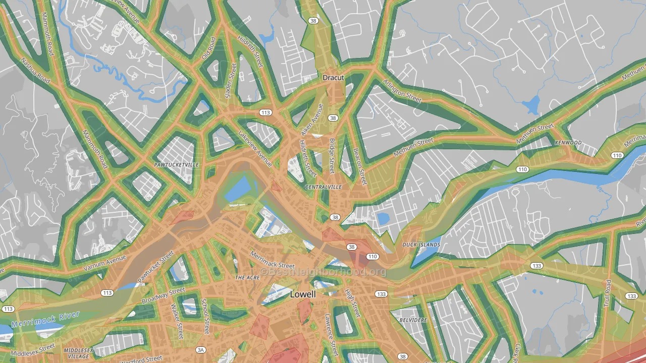 Centralville, Lowell, MA Map of Noise Levels in Centralville