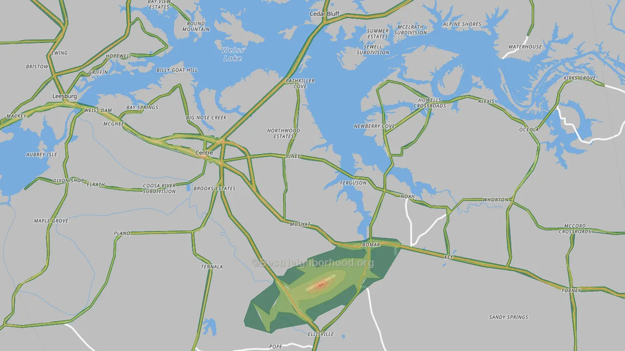 Centre, AL Map of Noise Levels in Centre