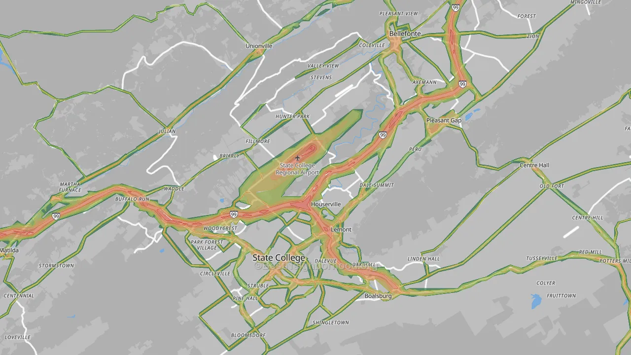 Centre County, PA Map of Noise Levels in Centre County