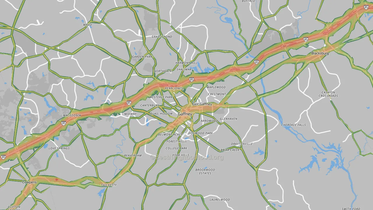 Cherokee County, SC Map of Noise Levels in Cherokee County