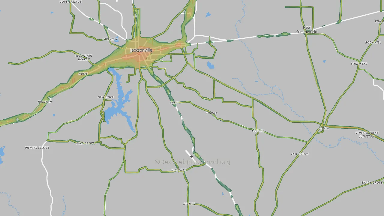 Cherokee County, TX Map of Noise Levels in Cherokee County