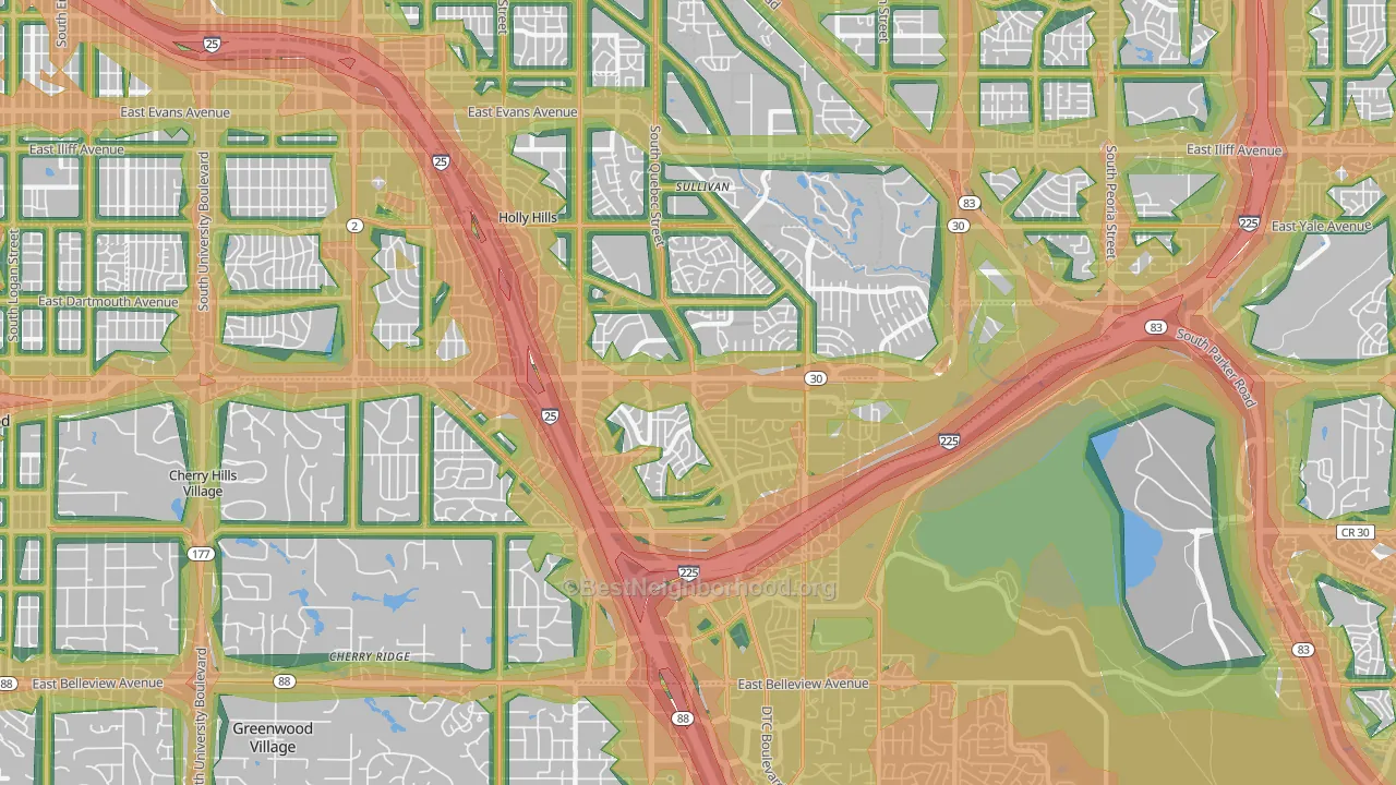Cherry Creek, Denver, CO Map of Noise Levels in Cherry Creek