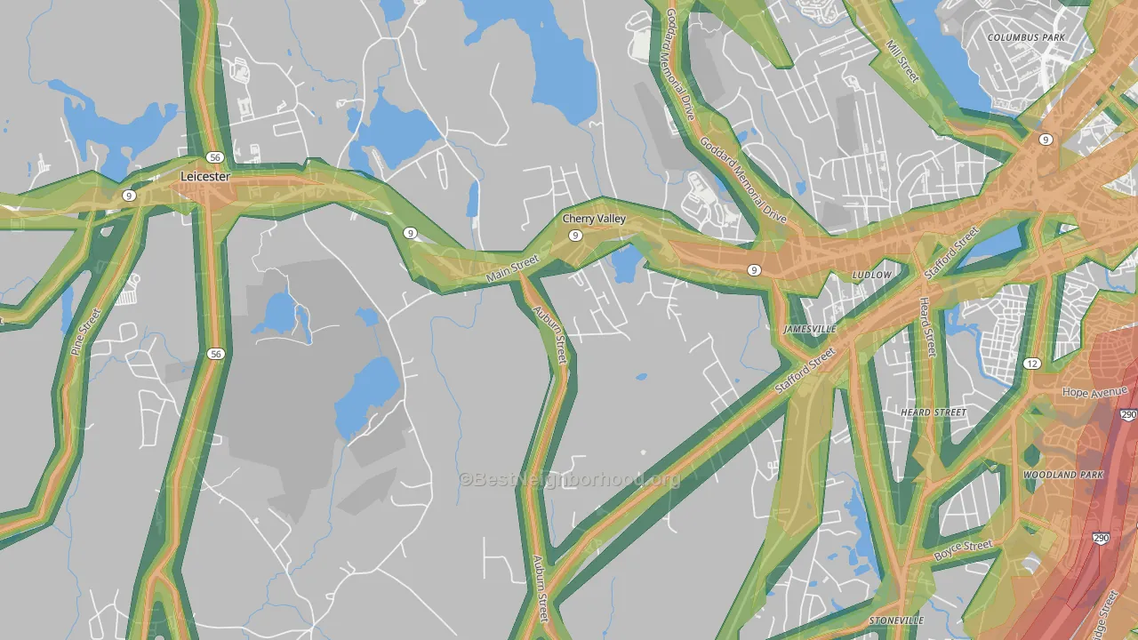 Cherry Valley, MA Map of Noise Levels in Cherry Valley
