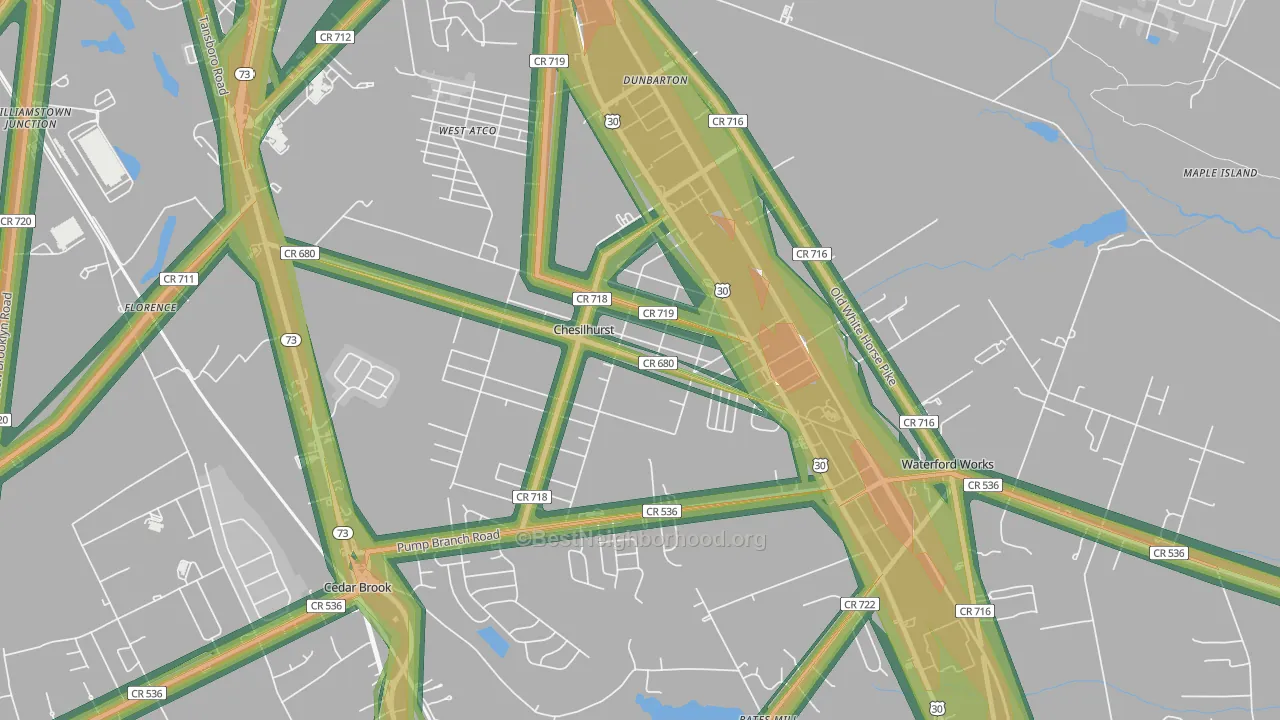 Chesilhurst, NJ Map of Noise Levels in Chesilhurst