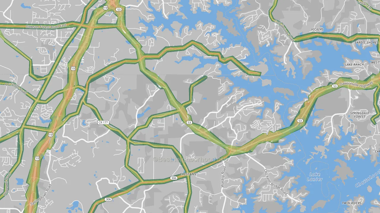 Chestatee, GA Map of Noise Levels in Chestatee