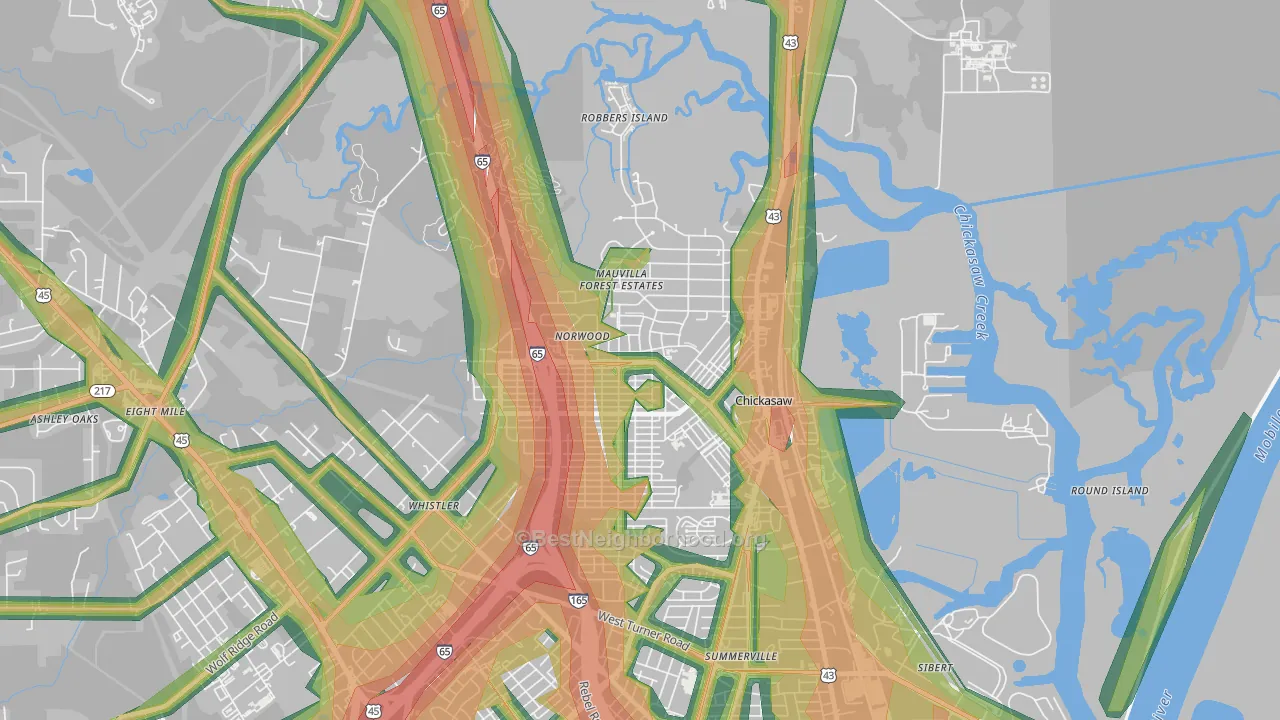 Chickasaw, AL Map of Noise Levels in Chickasaw