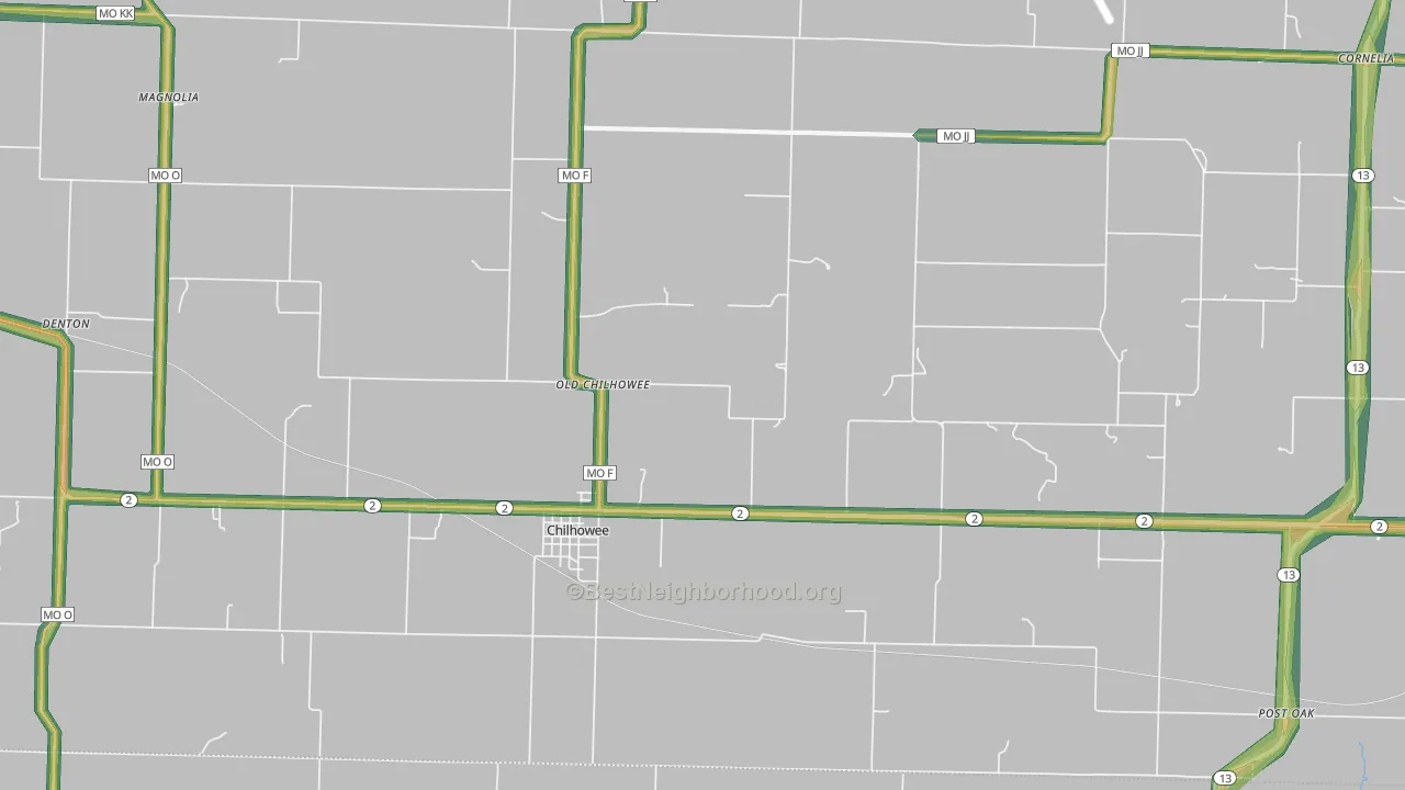 Chilhowee, MO Map of Noise Levels in Chilhowee