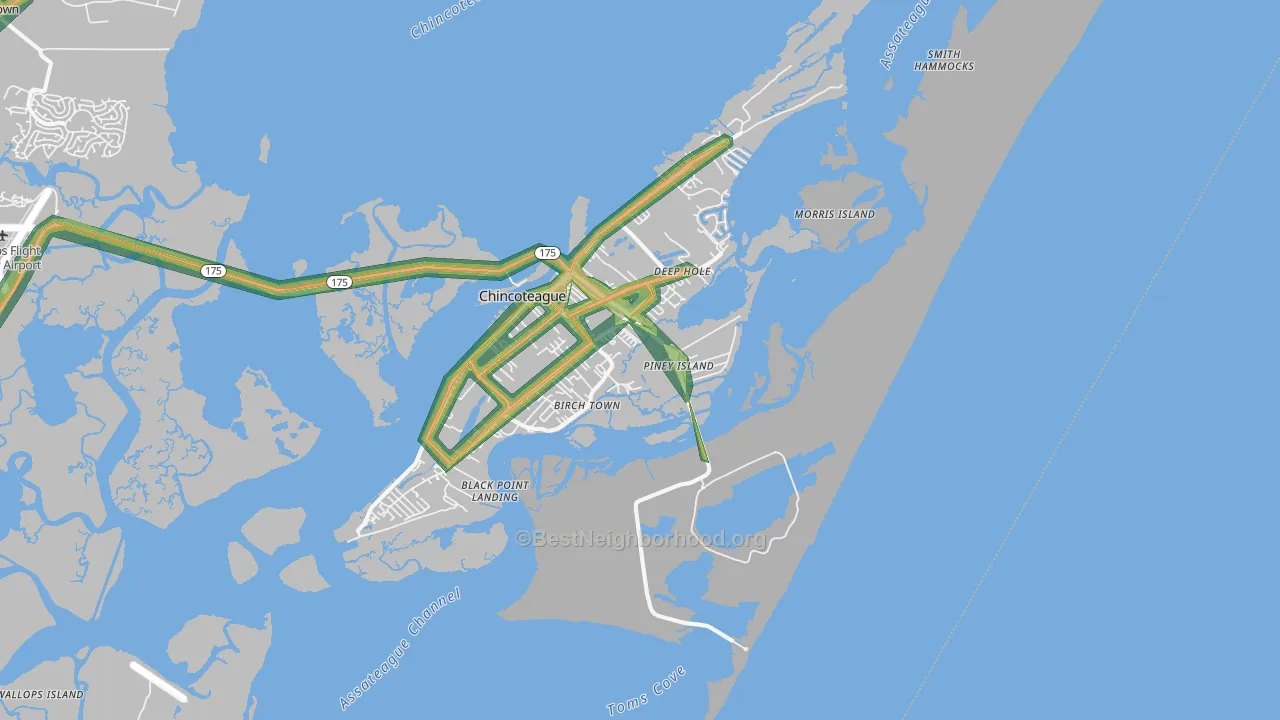 Chincoteague Island, VA Map of Noise Levels in Chincoteague Island