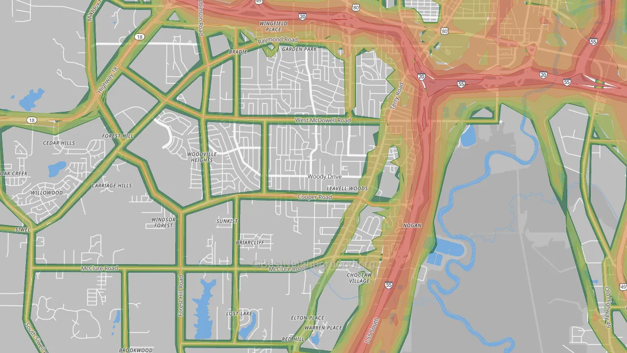Citizens Southwest, Jackson, MS Map of Noise Levels in Citizens Southwest