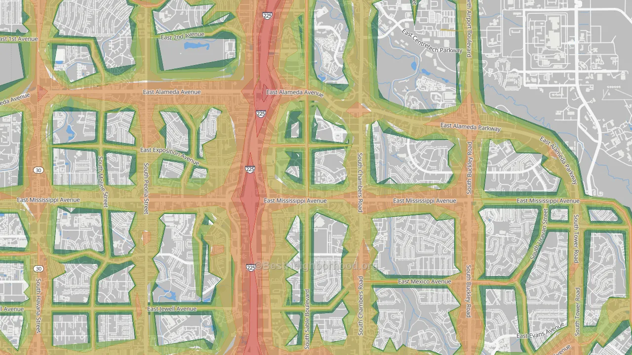 City Center, Aurora, CO Map of Noise Levels in City Center