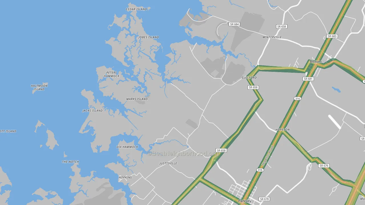 Clam, VA Map of Noise Levels in Clam