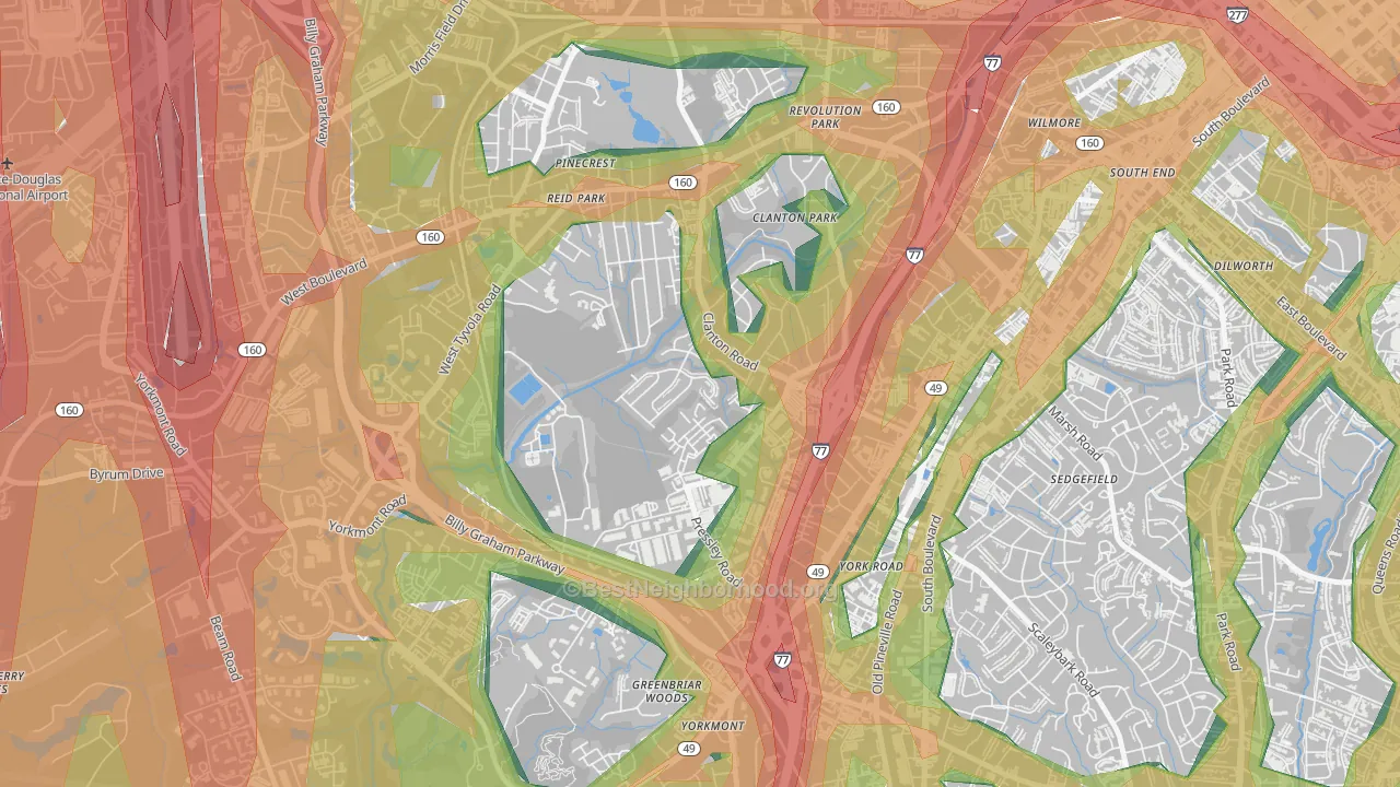 Clanton Park-Roseland, Charlotte, NC Map of Noise Levels in Clanton Park-Roseland