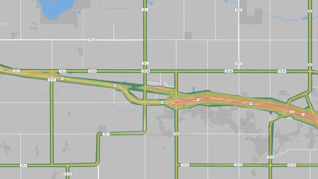 Claremont, MN Map of Noise Levels in Claremont