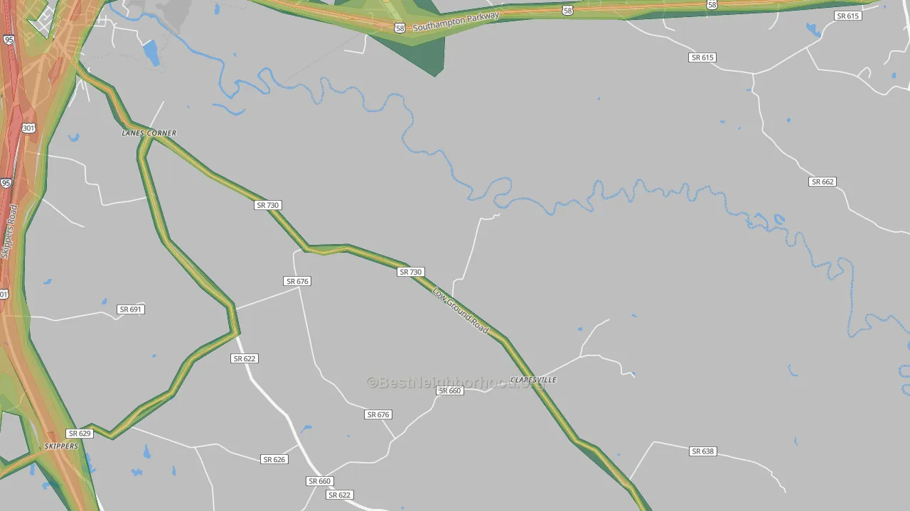 Claresville, VA Map of Noise Levels in Claresville